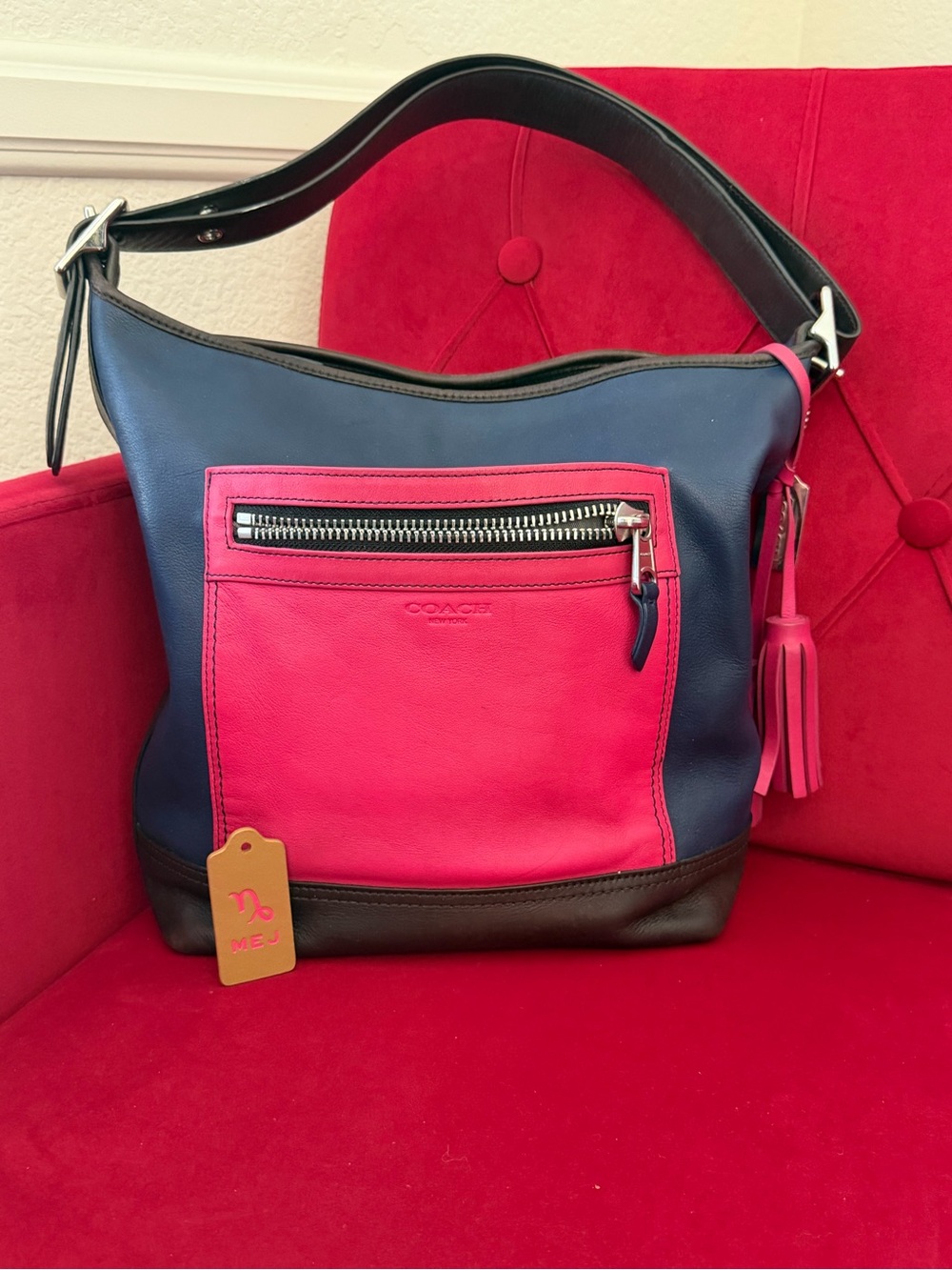 Coach Colorblock Leather Hobo in Hot Pink, Navy & Brown